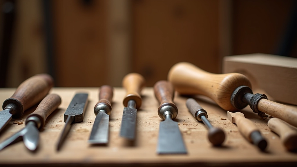 Assortment of quality hand tools arranged on a wooden workbench, including chisels, hammers, and saws with clear focus