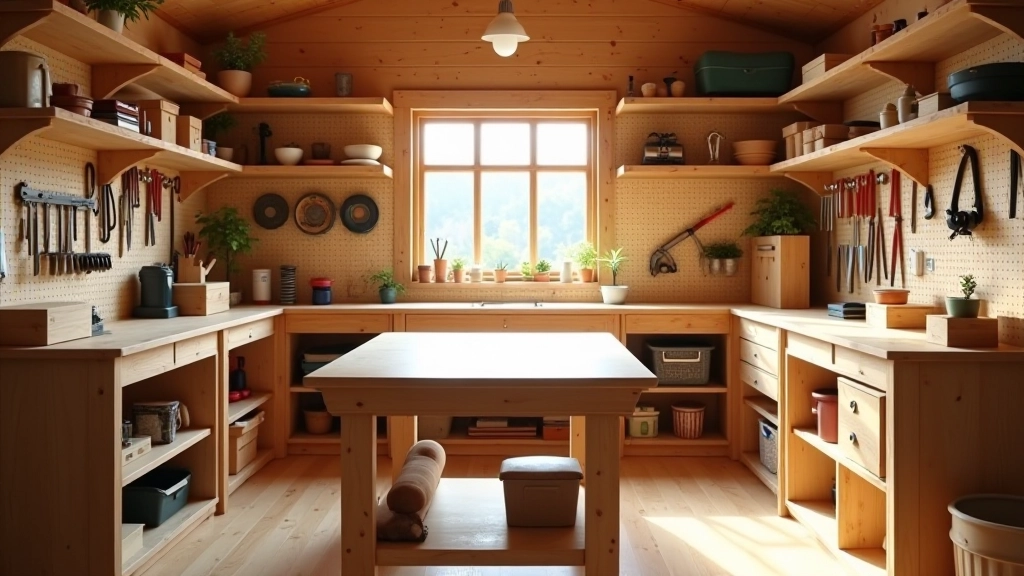 Well-organized garden shed workshop with wooden workbench, tools on pegboard walls, and natural light from window