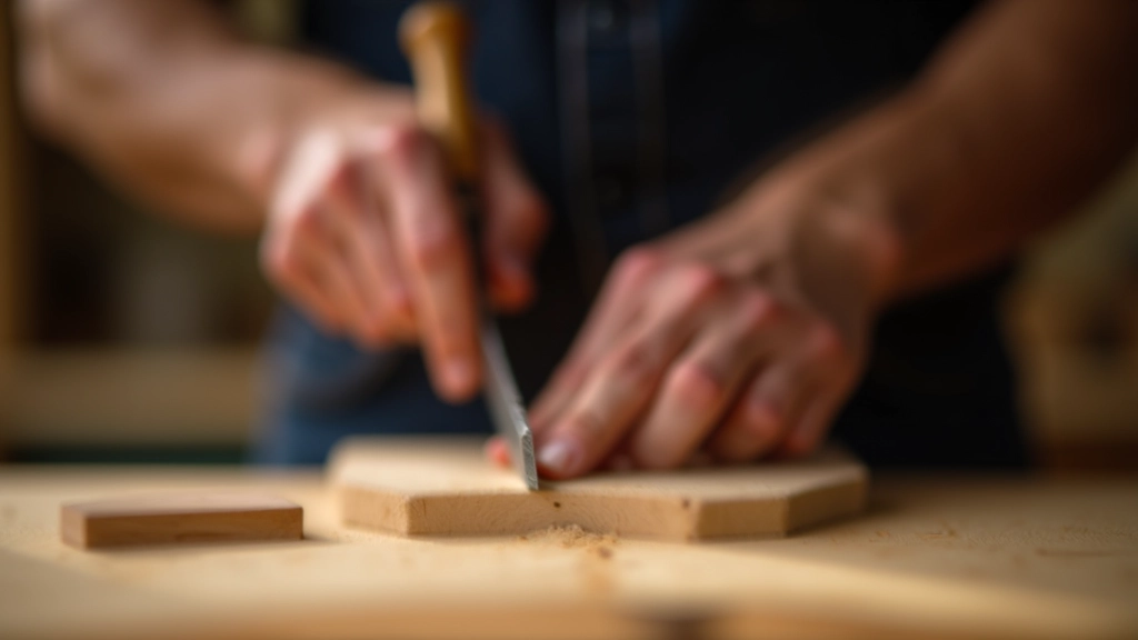 Close-up of a carpenter's hands properly gripping a wooden chisel, demonstrating correct hand positioning and technique
