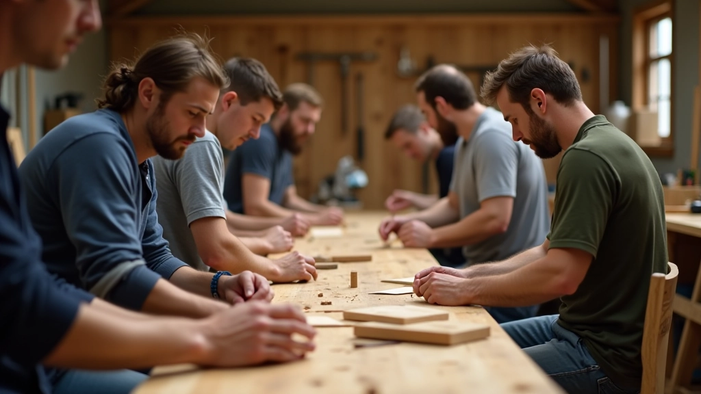 Community workshop space with multiple people working on different woodworking projects