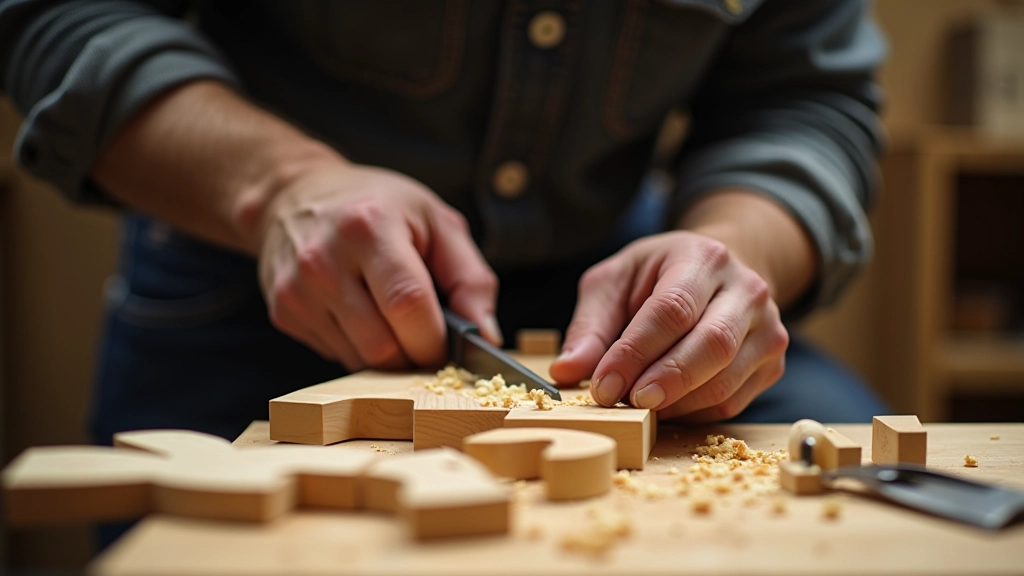 Woodworker's hands working on a wooden project with hand tools, showing skilled craftsmanship in a well-lit workshop
