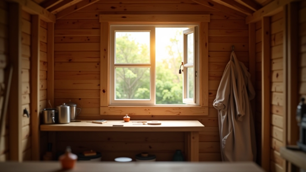 Garden shed window with adjustable blinds open, showing fresh air flowing into a workshop space during daytime