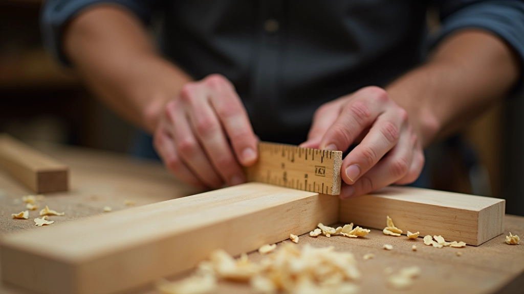 Carpenter's hands measuring a piece of timber with a wooden ruler on a workshop bench