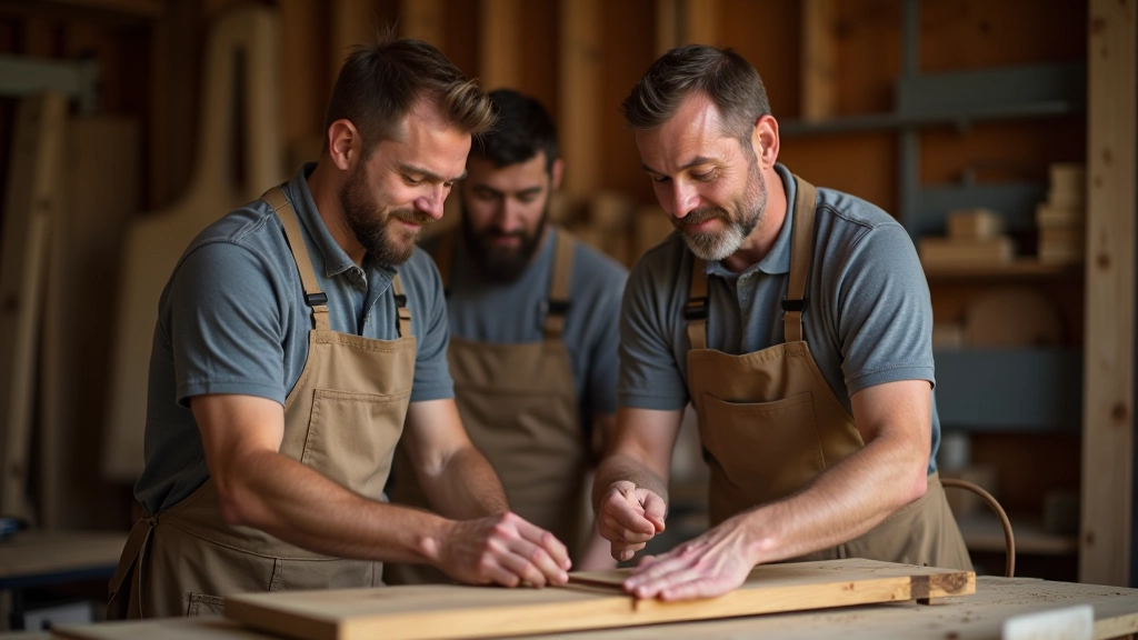 Small group of men engaged in woodworking conversation, examining a wooden joint or project detail together