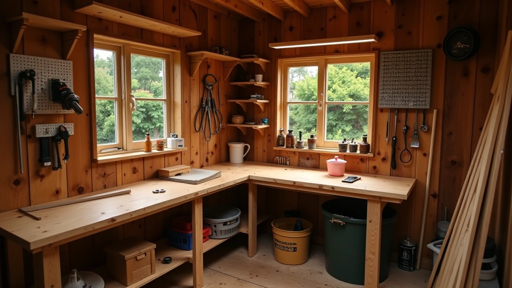 Small garden shed workshop interior with workbench, shelving, and organized tools on the walls