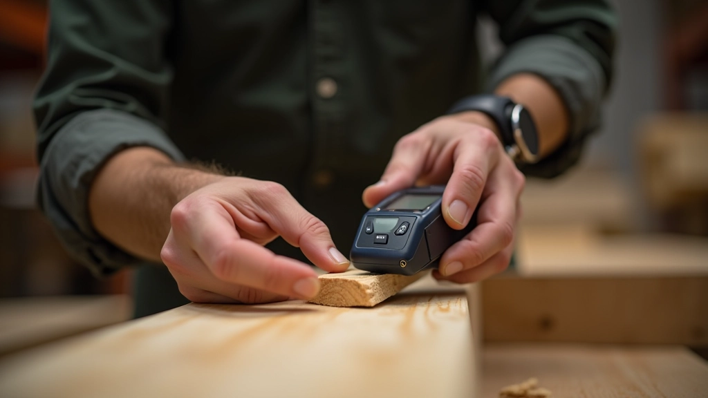 Moisture meter being used to check timber moisture content on a piece of wood in a timber merchant workshop or warehouse setting