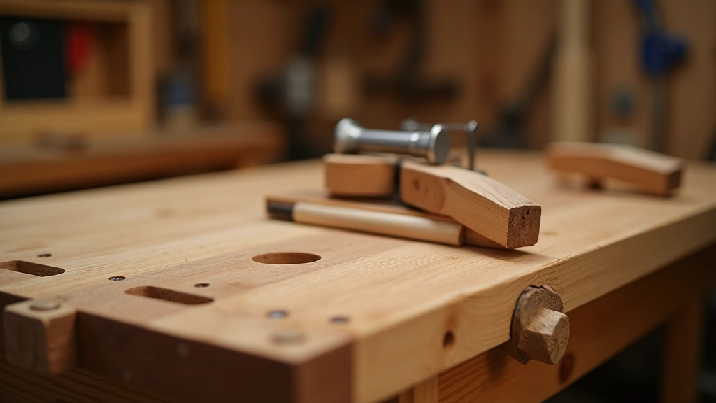 Sturdy wooden workbench with vise mounted on the end, showing practical hand tool arrangement and solid construction
