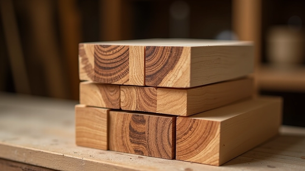 Stack of various timber samples showing different wood types, grain patterns, and colors arranged on a wooden surface