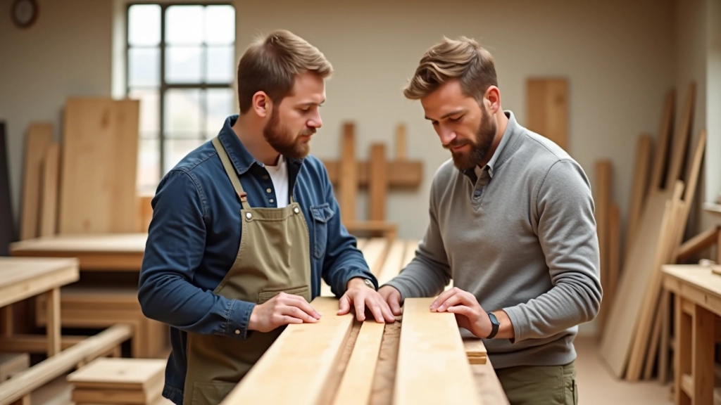 Timber merchant or woodworker discussing wood selection with customer in a workshop or timber yard, both examining pieces of wood together