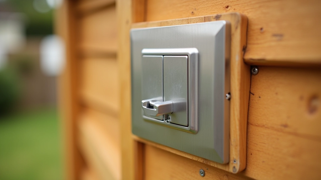 Weatherproof electrical socket mounted on garden shed exterior wall with safety cover, showing proper installation