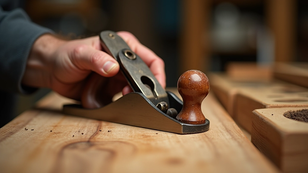 Close-up of hands demonstrating woodworking technique with hand plane on wooden surface, showing proper grip and angle