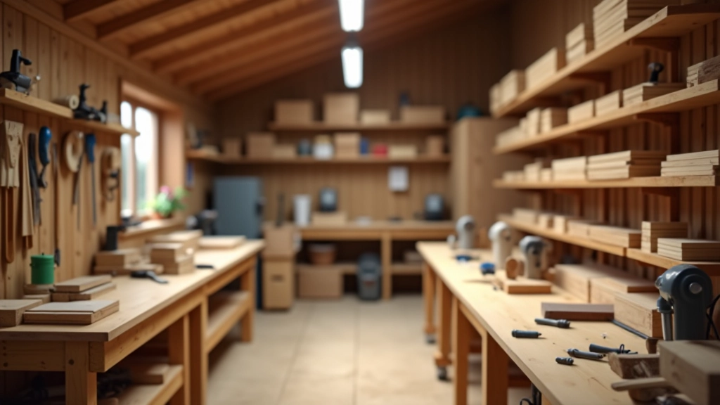 Interior of a woodworking workshop with workbenches, hand tools, and organized storage of timber and materials