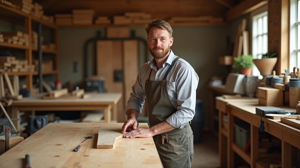 Woodworking workshop with organized tools and timber materials