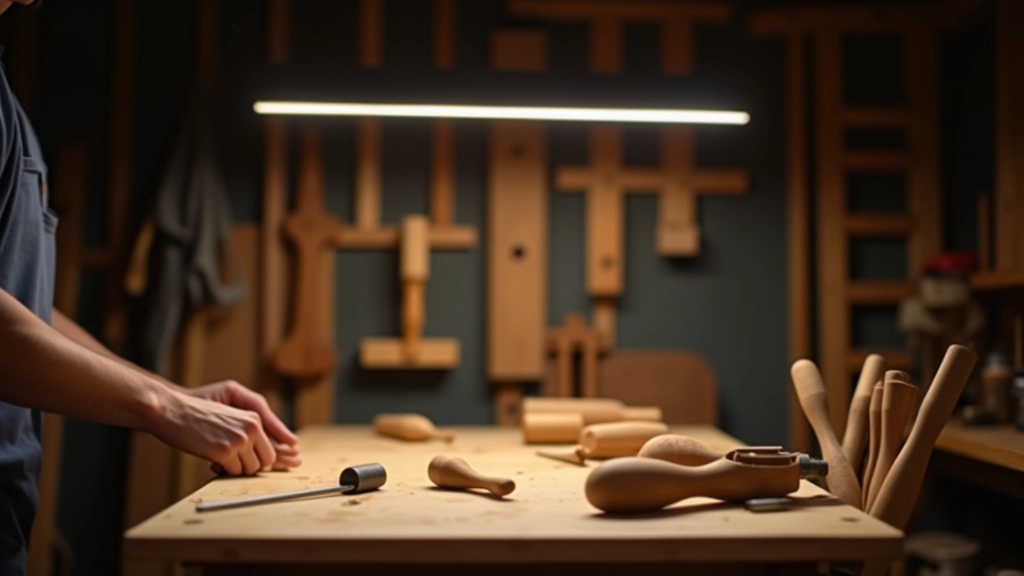 Bright LED work lights mounted above a wooden workbench in a garden shed, creating even shadow-free illumination