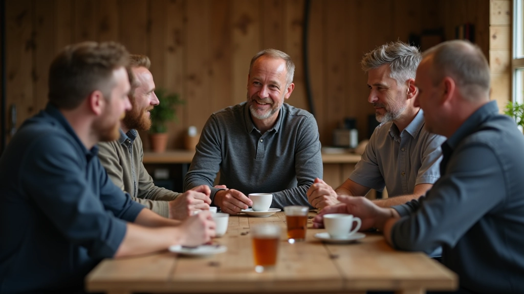 Social gathering in a Men's Shed with multiple members chatting, drinking tea or coffee in the workshop break area