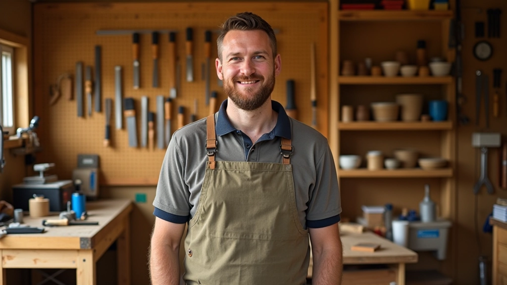 Wall-mounted pegboard with organized hand tools, wooden shelves with stacked timber and organized storage containers in a compact workshop